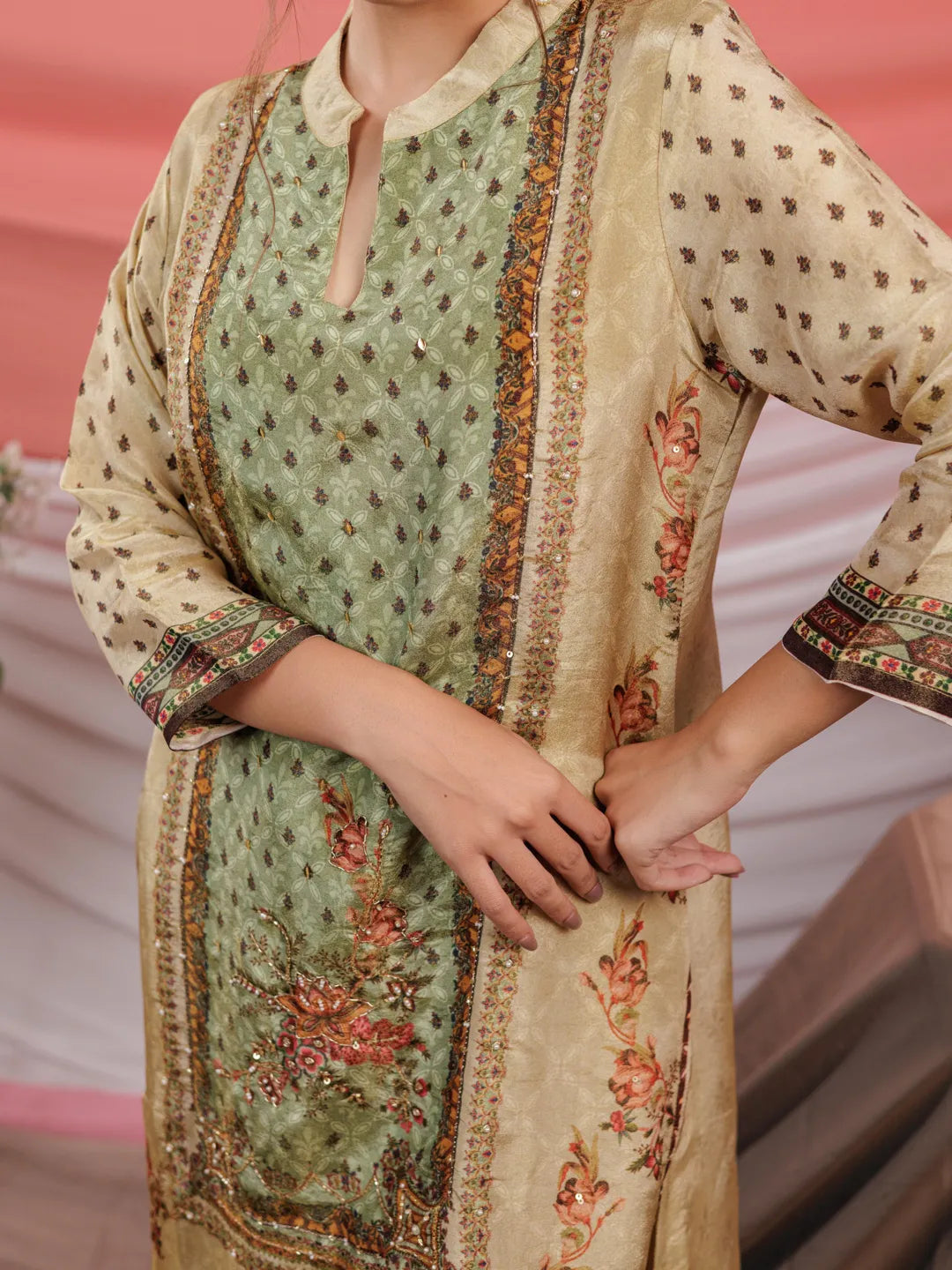 Green-&-Cream-Shimmer-Tissue-Embroidered-3-Piece-Kurta-Set