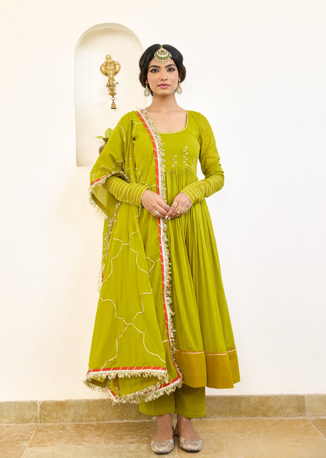 Olive-Green-Mulmul-Round-Neck-Anarkali-Set