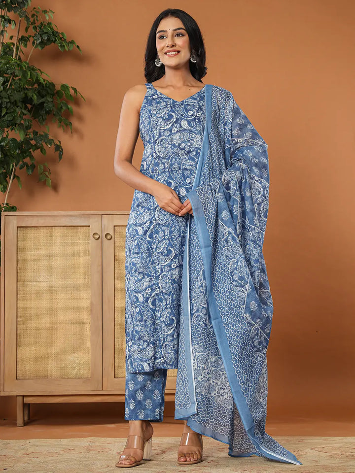 Blue-Cotton-Floral-Printed-Strappy-3-Piece-Kurta-Set