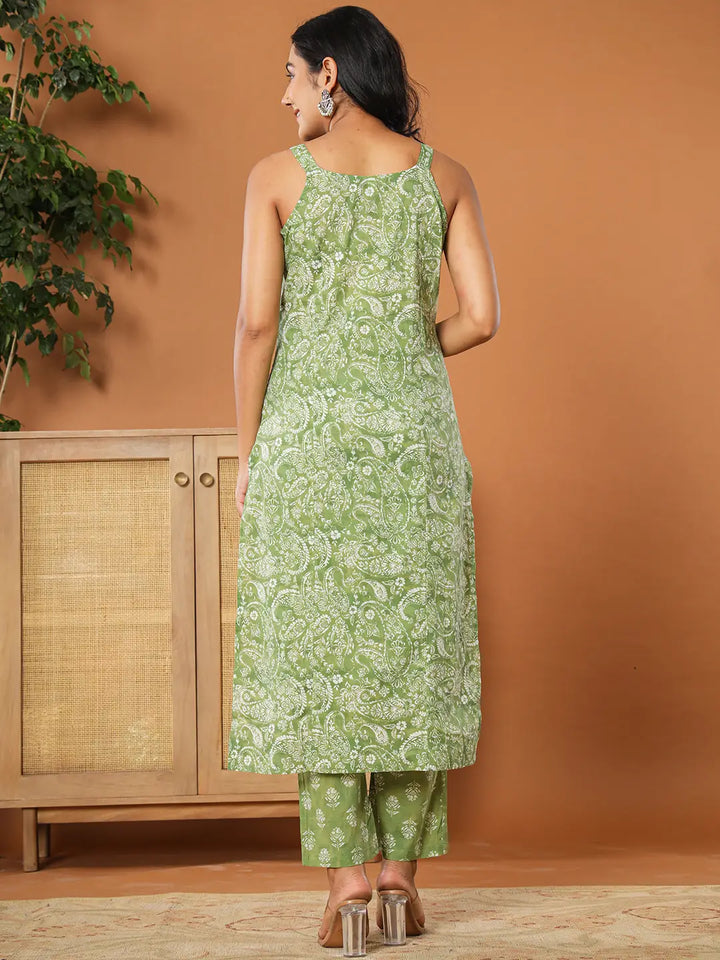 Green-Cotton-Floral-Printed-Strappy-3-Piece-Kurta-Set