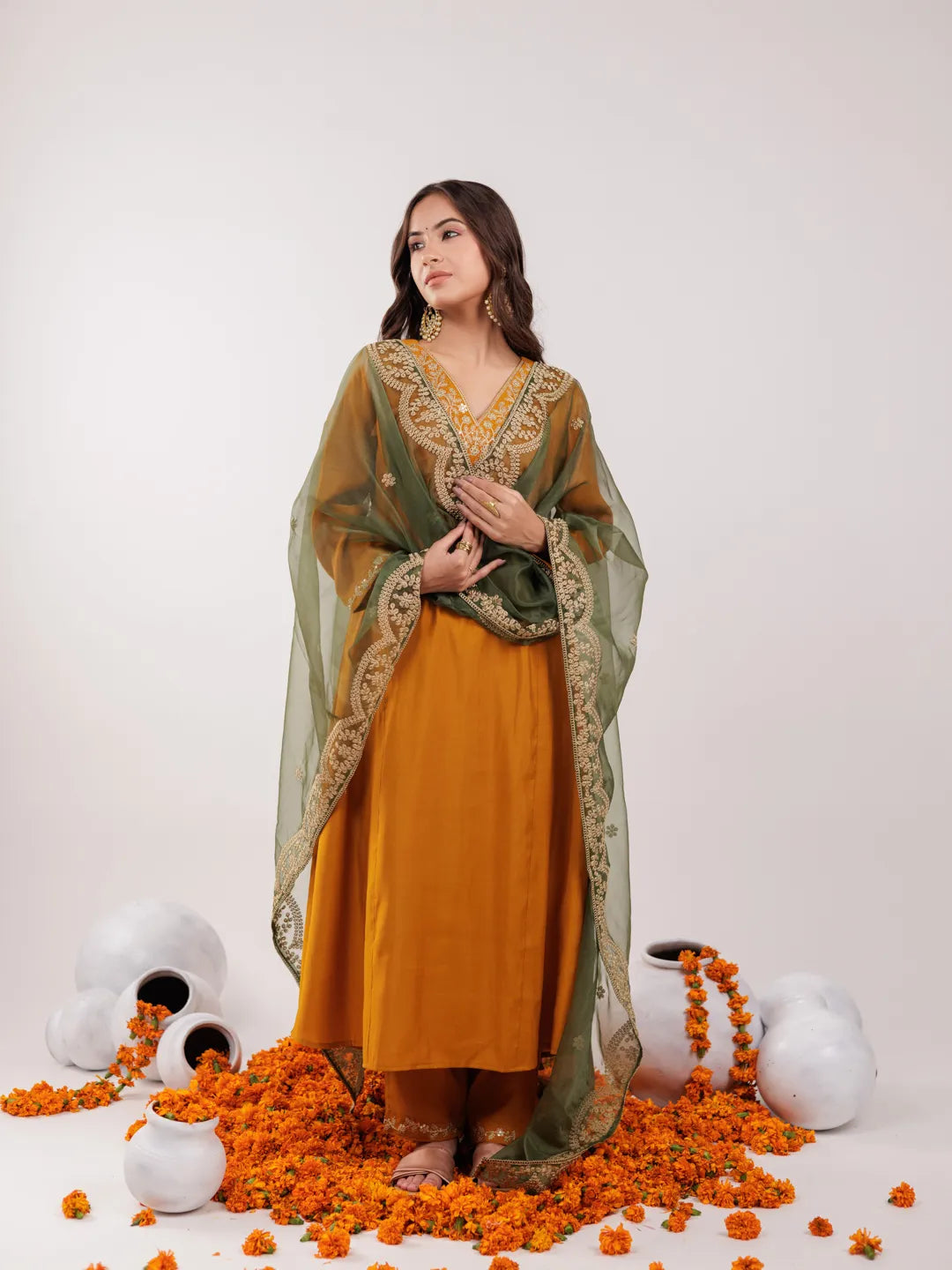 Mustard-Silk-Embroidered-A-Line-3-Piece-Kurta-Set