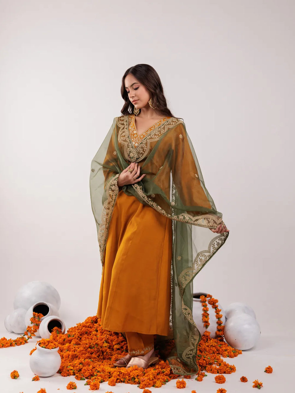 Mustard-Silk-Embroidered-A-Line-3-Piece-Kurta-Set