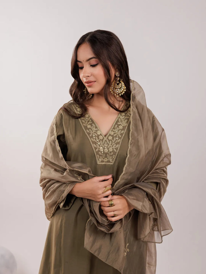 Olive-Green-Silk-Embroidered-A-Line-3-Piece-Kurta-Set