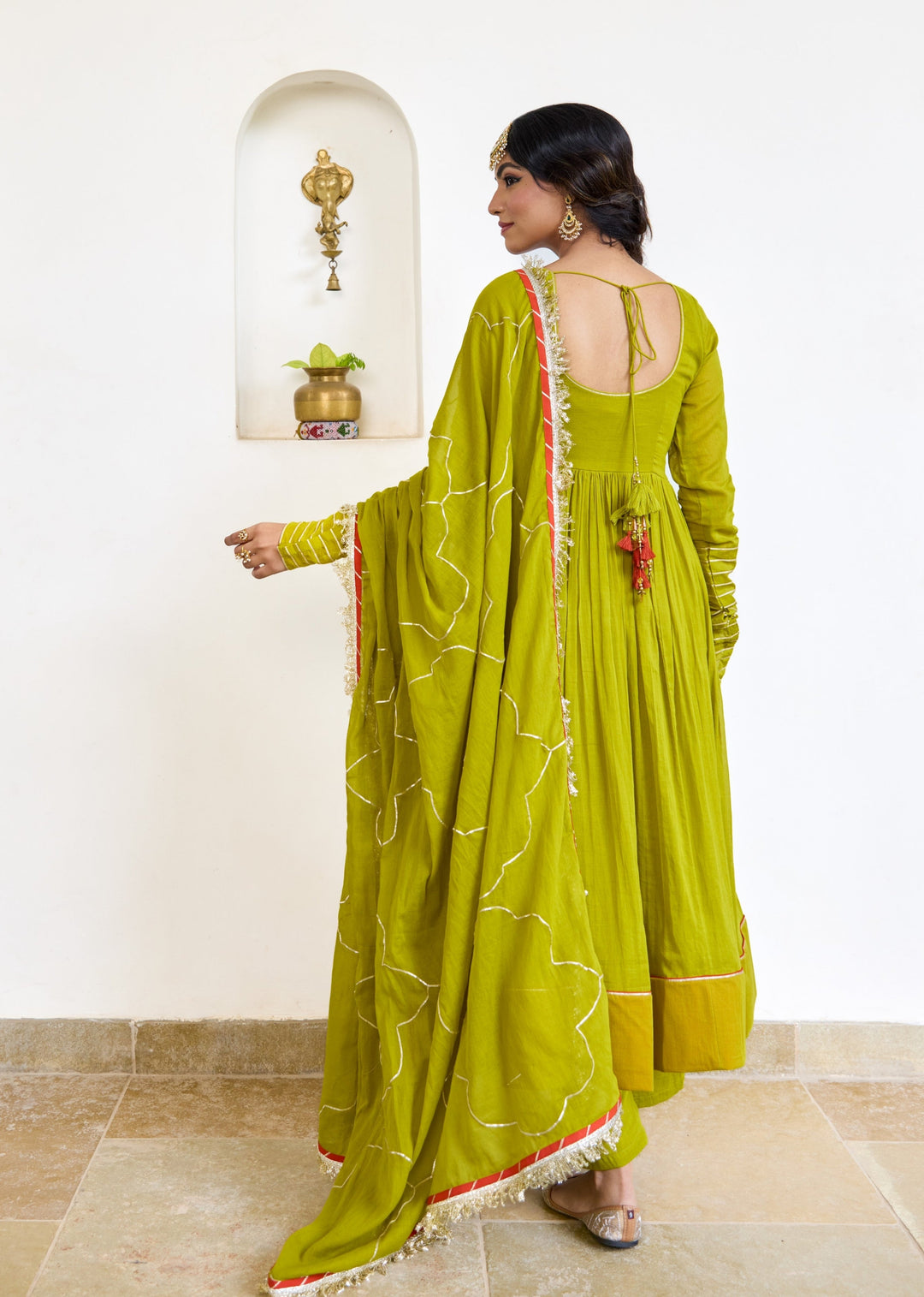 Olive-Green-Mulmul-Round-Neck-Anarkali-Set