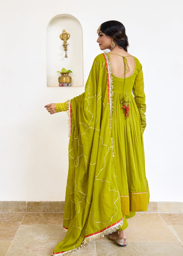 Olive-Green-Mulmul-Round-Neck-Anarkali-Set