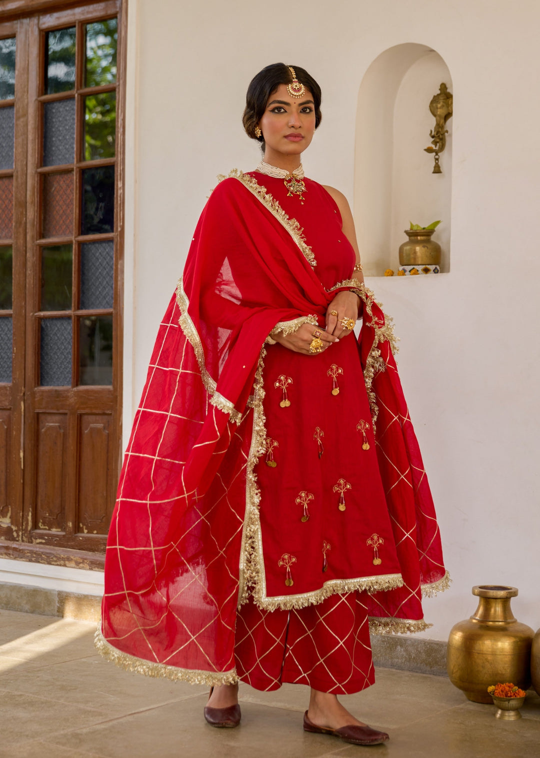 Red Halter Key Hole Straight Kurta Set