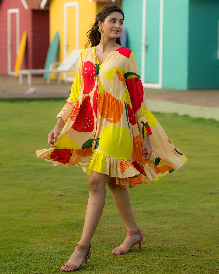 Cream-Rayon-Furity-Print-Mini-Dress