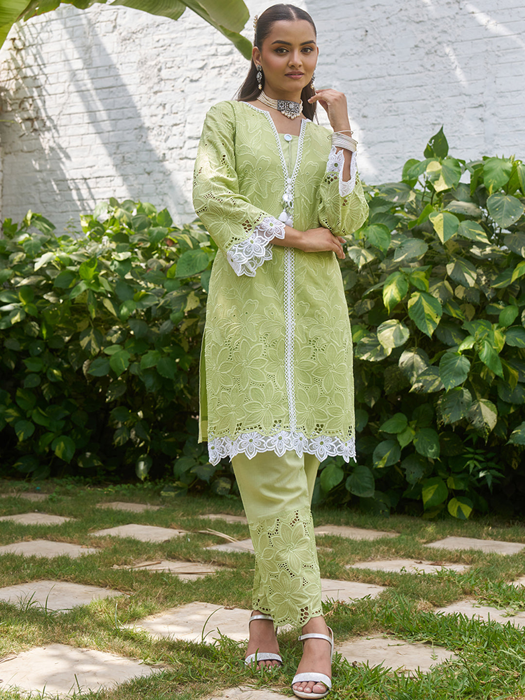Green-Cotton-Floral-Schiffli-2-Piece-Kurta-Set