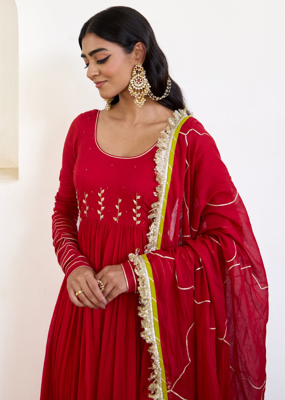 Kumkum-Red-Mulmul-Round-Neck-Anarkali-Set