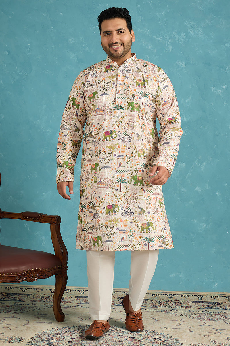 Mens Cream Viscose Rayon Ethnic Motifs Thread Work Printed Kurta