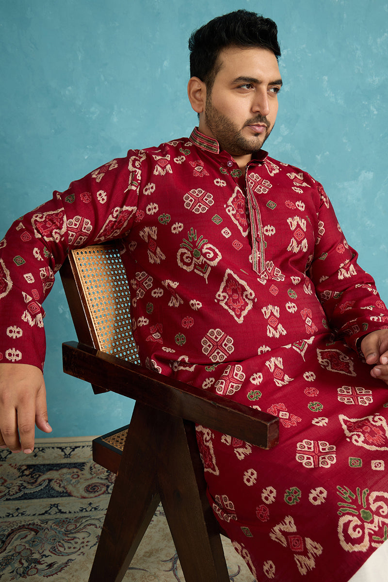 Mens Red Silk Blend Abstract Printed Kurta