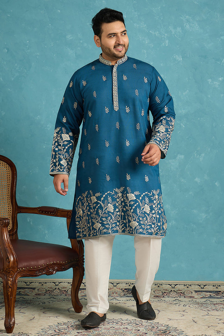 Mens Blue Silk Blend Solid Thread Work Embroidered Kurta