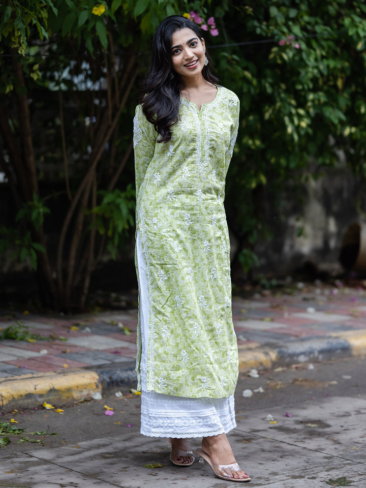 Green Cotton Lucknow Chikankari Kurta