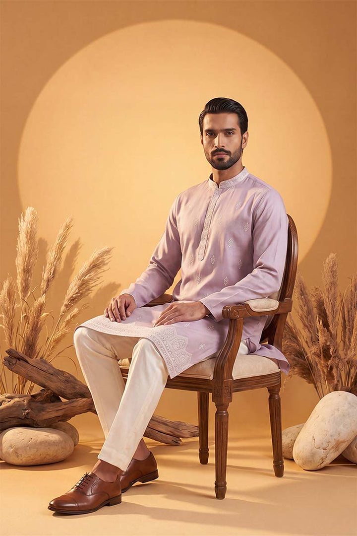 Mens Lavender Silk Blend Solid Embroidered Kurta