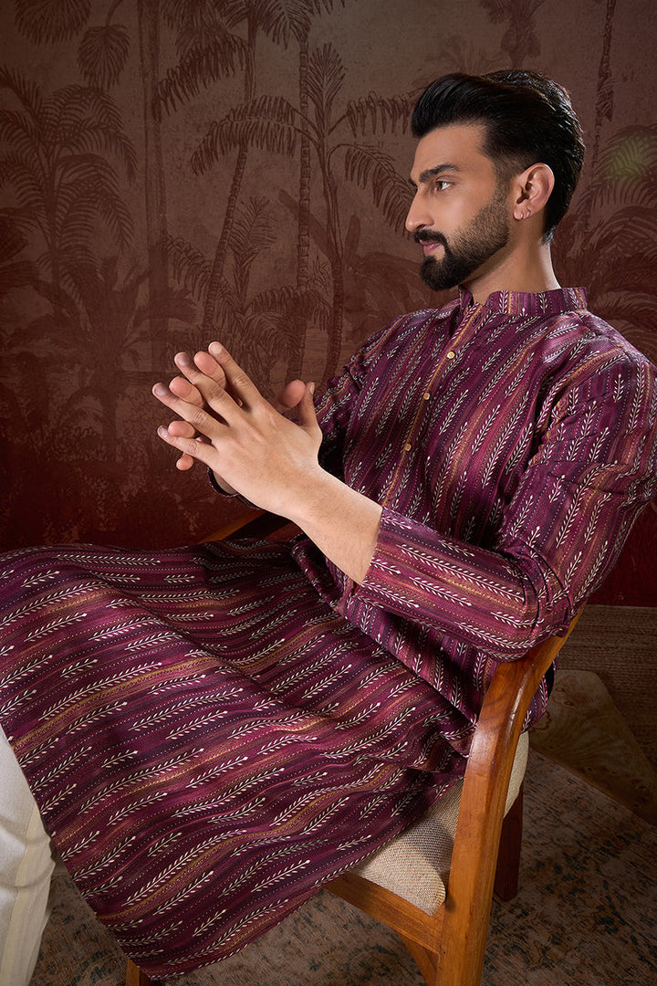 Mens Purple Silk Blend Striped Printed Straight Kurta