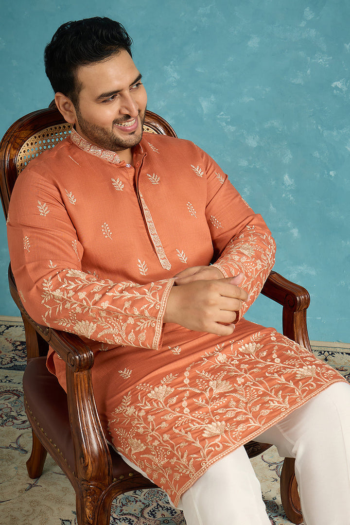Mens Peach Silk Blend Solid Thread Work Embroidered Kurta