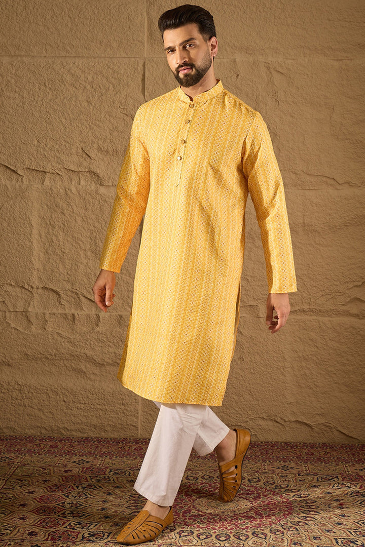 Mens Yellow Silk Blend Geometric Embroidered Straight Kurta with Trouser