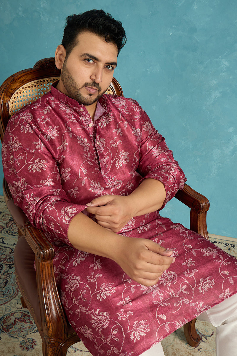 Mens Maroon Silk Blend Floral Printed Kurta
