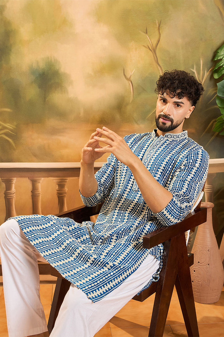 Mens Blue Viscose Rayon Embroidered Straight Kurta