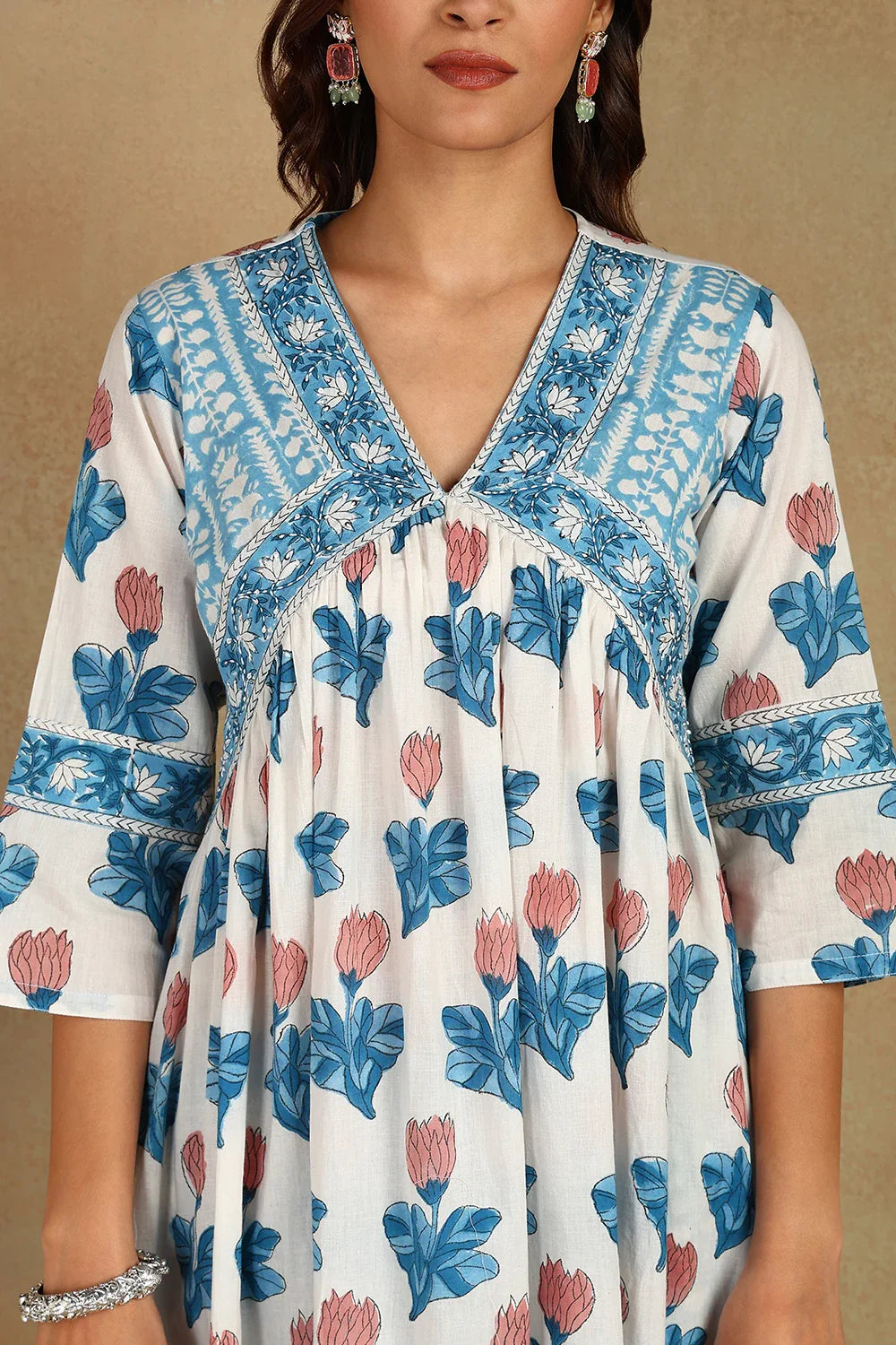 White-&-Blue-Cotton-Hand-Block-Printed-A-Line-Kurta