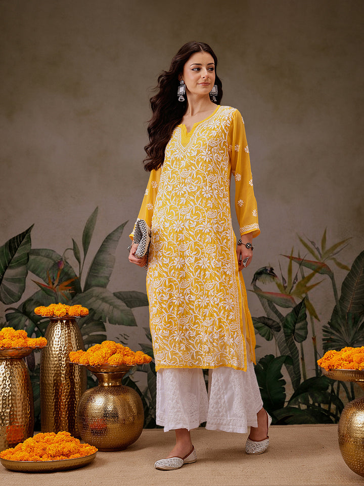 Amber Georgette Chikan Straight Long Kurta