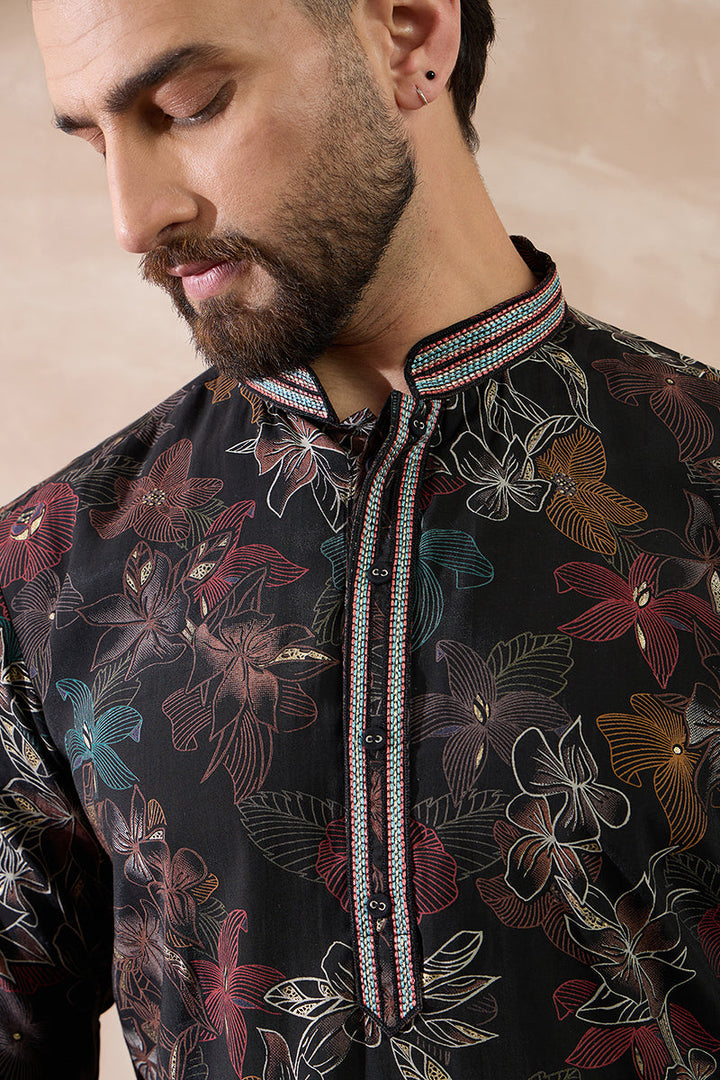 Mens Black Silk Blend Printed Mandarin Collar Straight Kurta