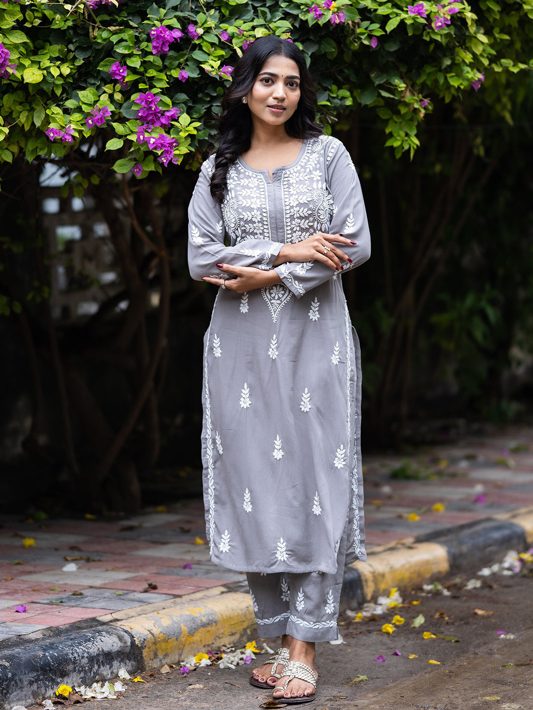 Grey Rayon Chikankari Motif 2-Piece Kurta Set
