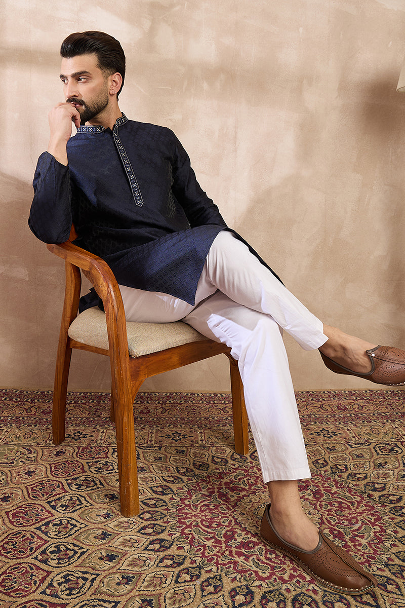 Mens Navy Blue Silk Blend Solid Woven Design Straight Kurta