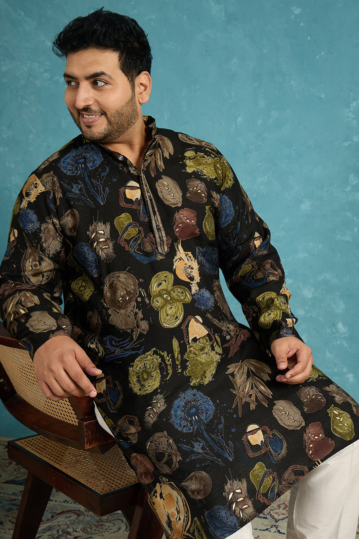 Mens Black Silk Blend Abstract Printed Kurta