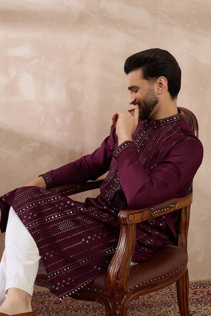 Mens Purple Silk Blend Embroidered Mandarin Collar Straight Kurta With Trouser