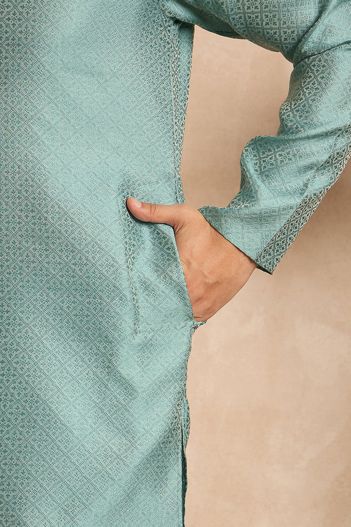 Mens Green Polyester Solid Embroidered Straight Kurta With Trouser