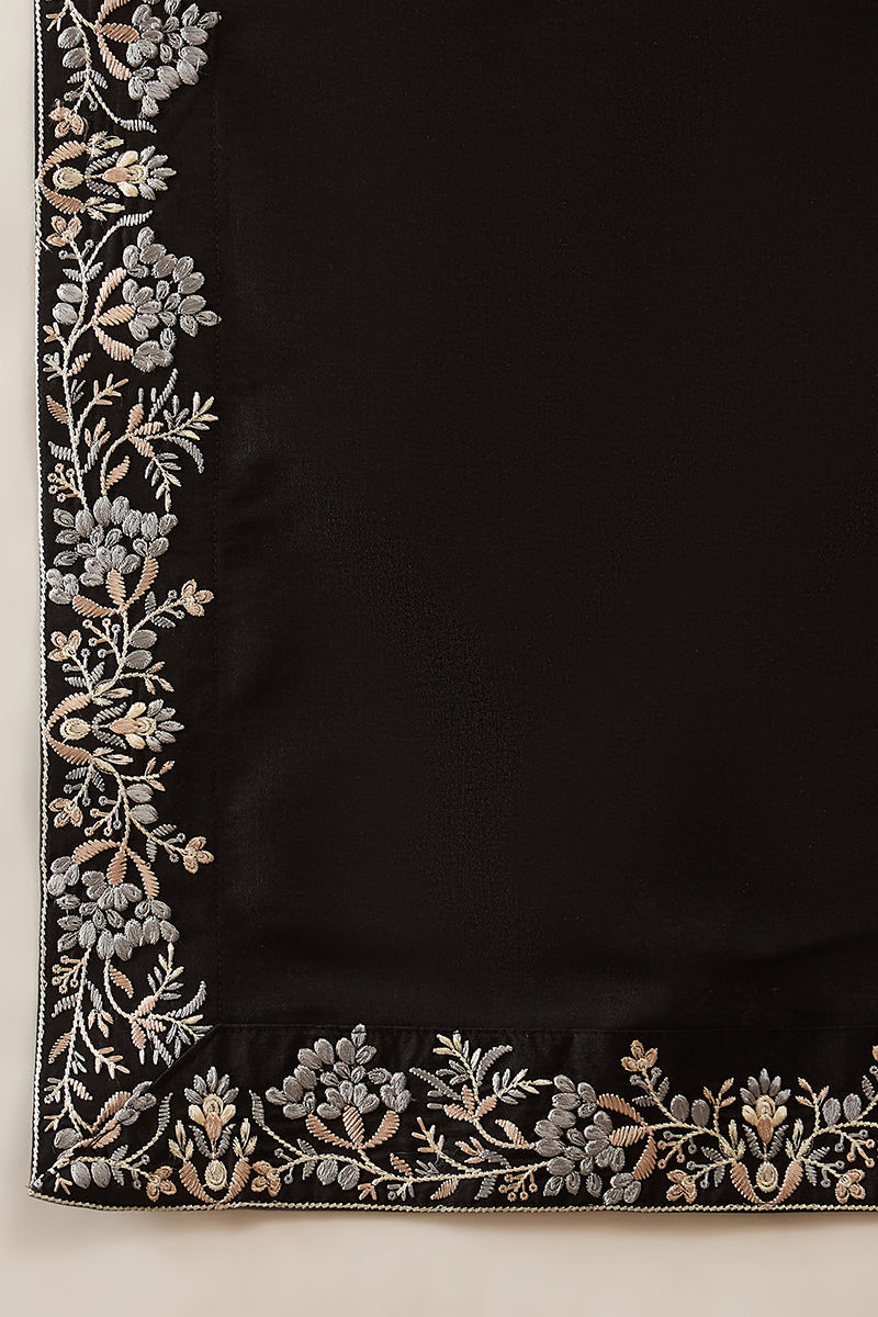 Mens Black Silk Blend Solid Embroidered Kurta With Dupatta