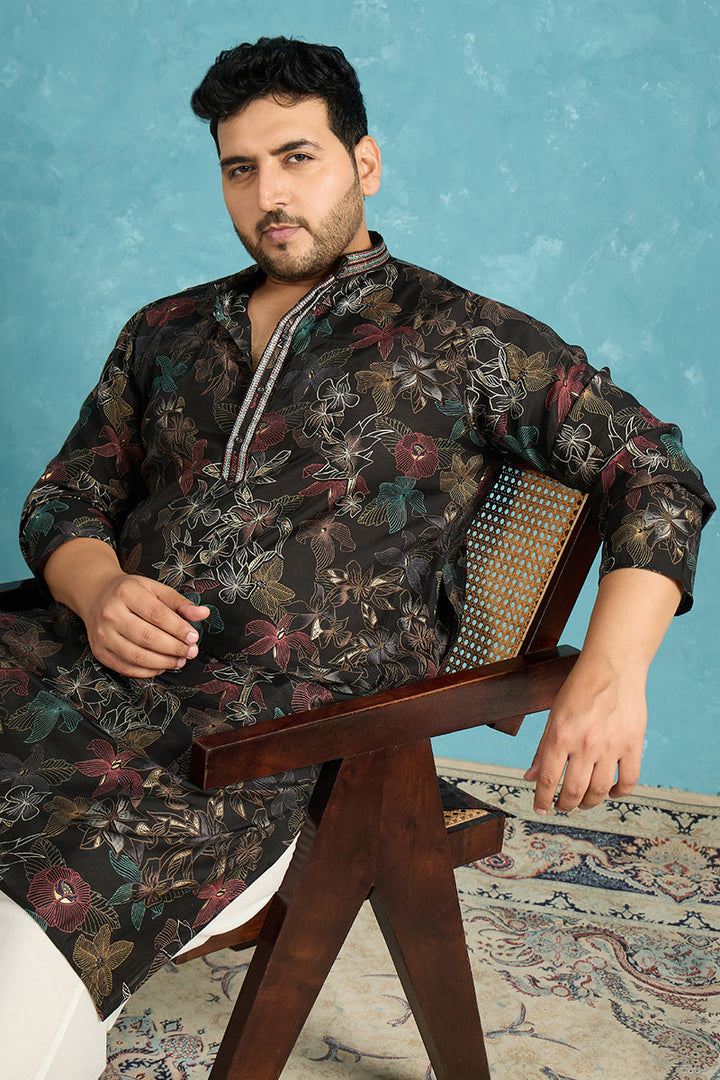 Mens Black Silk Blend Floral Printed Kurta