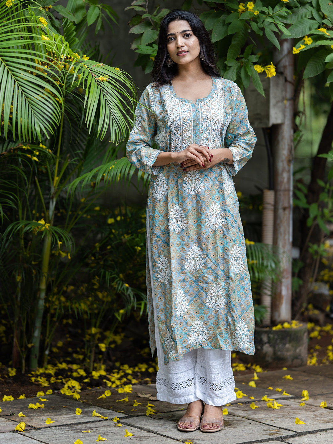 Sea Green & White Mulmul Cotton Embroidery Chikankari Kurta
