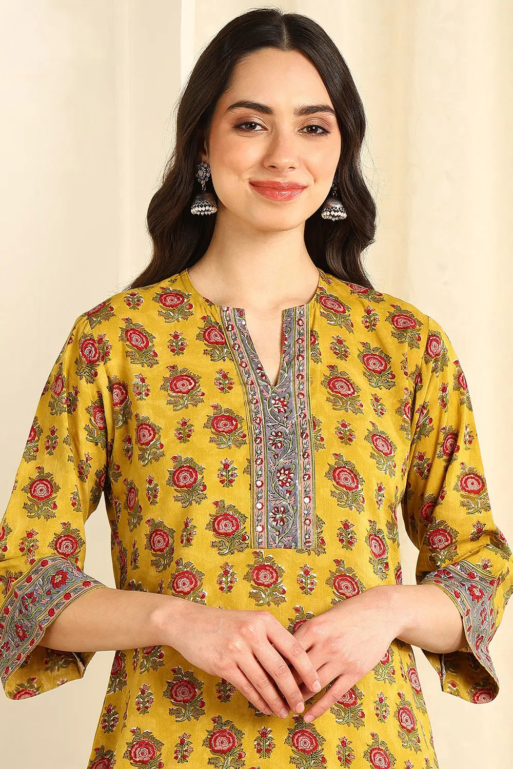 Mustard-Yellow-Cotton-Straight-Sanganeri-Kurta