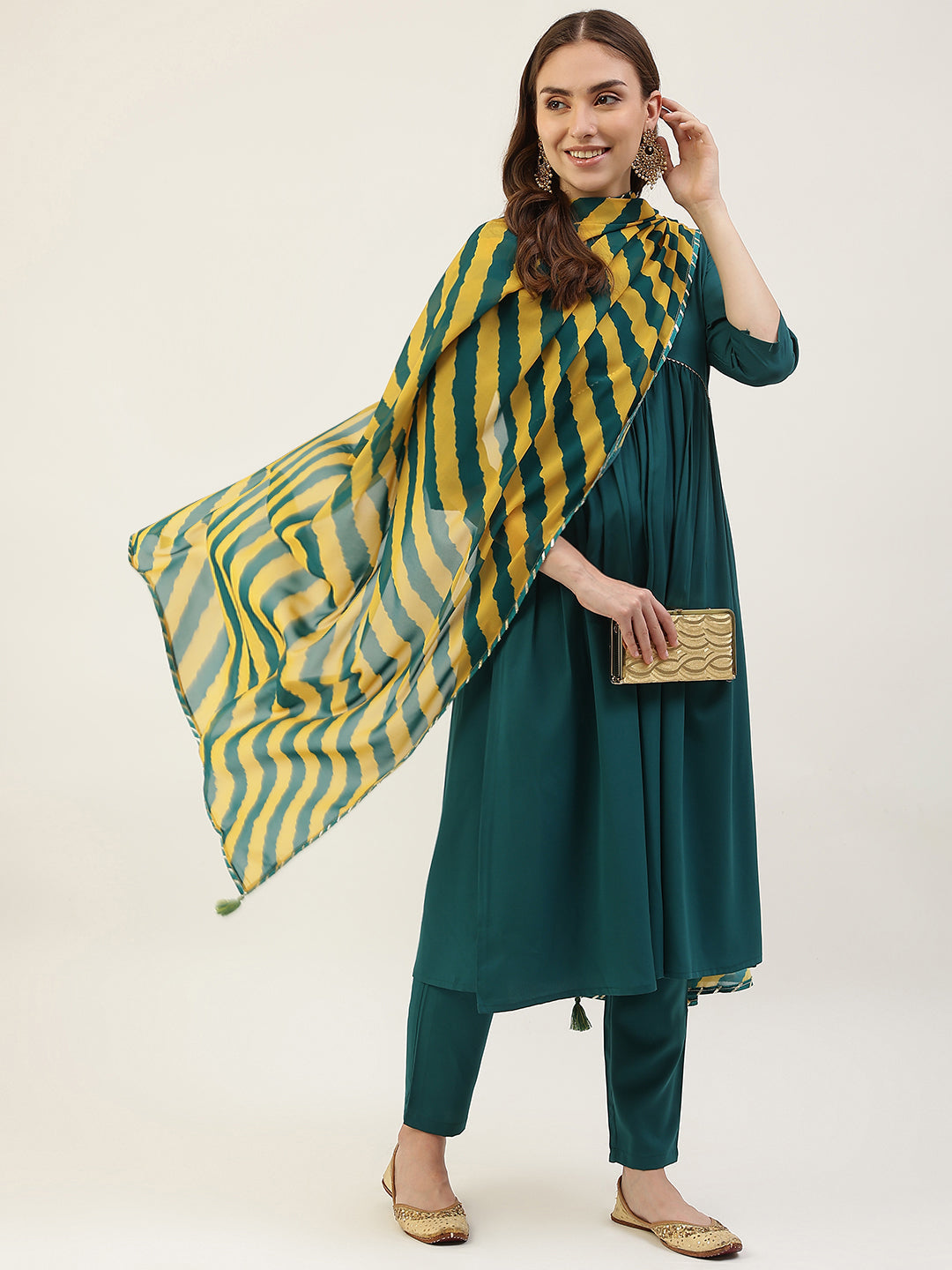 Teal-Green-Crepe-Gathered-Flared-3-Piece-Kurta-Set