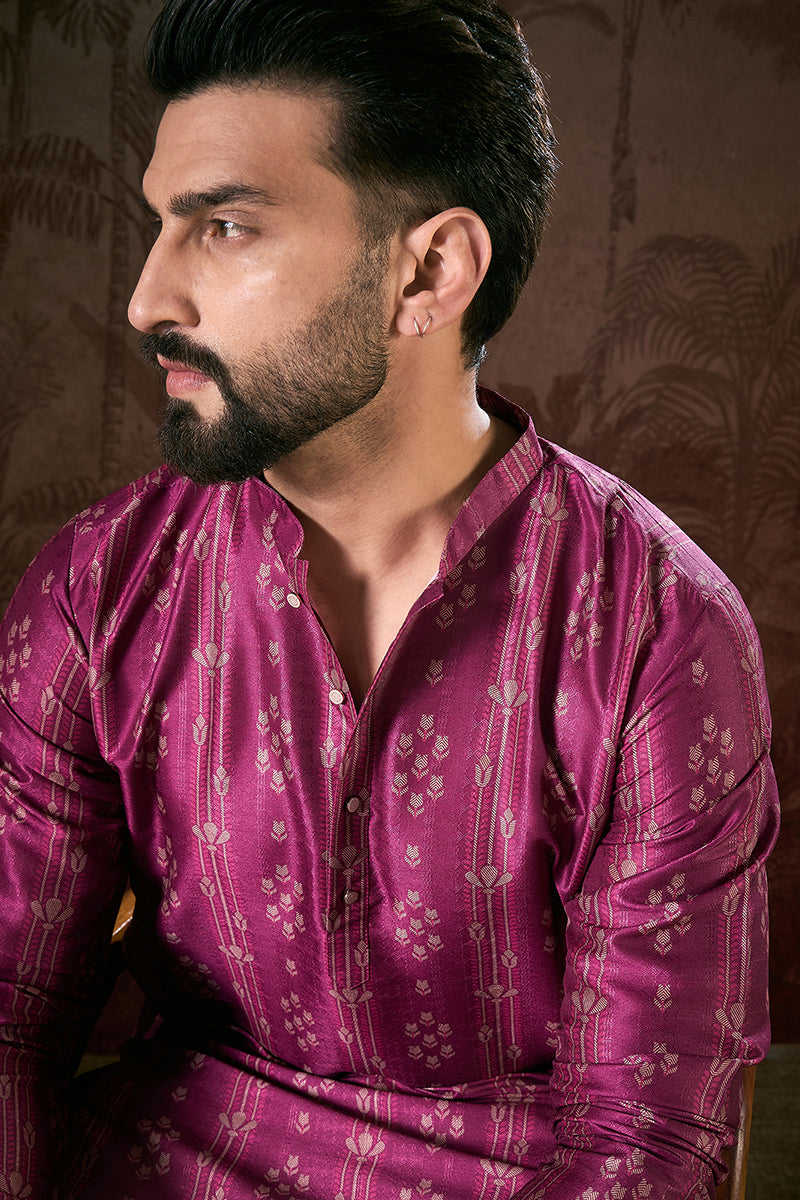 Mens Purple Silk Blend Floral Printed Straight Kurta