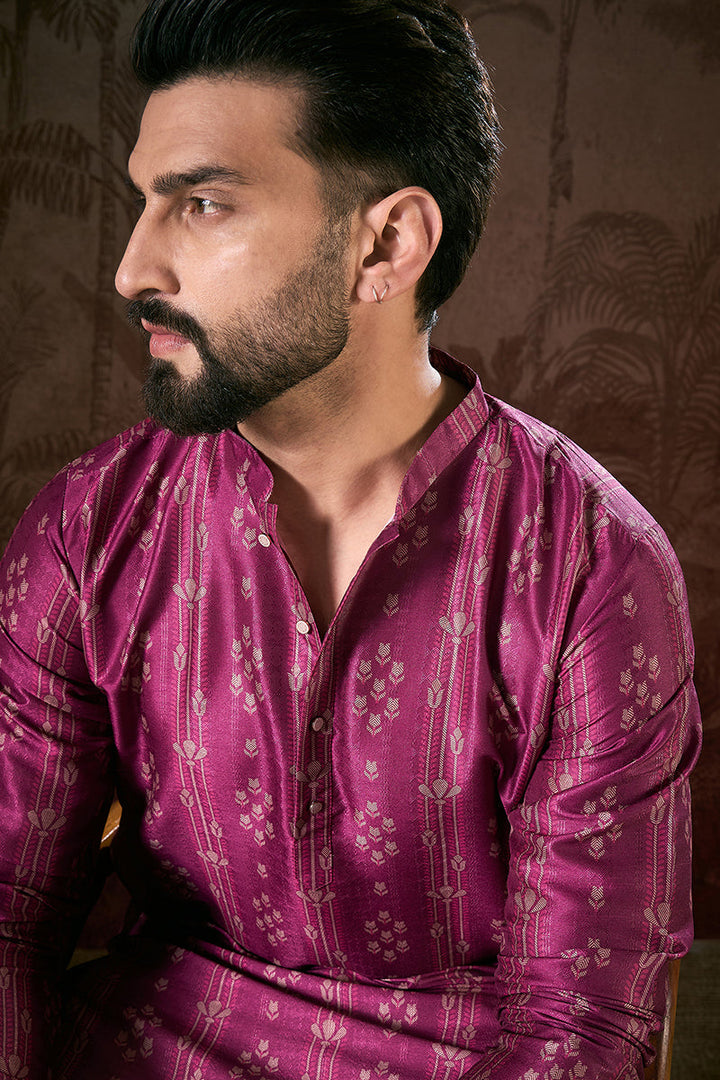 Mens Purple Silk Blend Floral Printed Straight Kurta