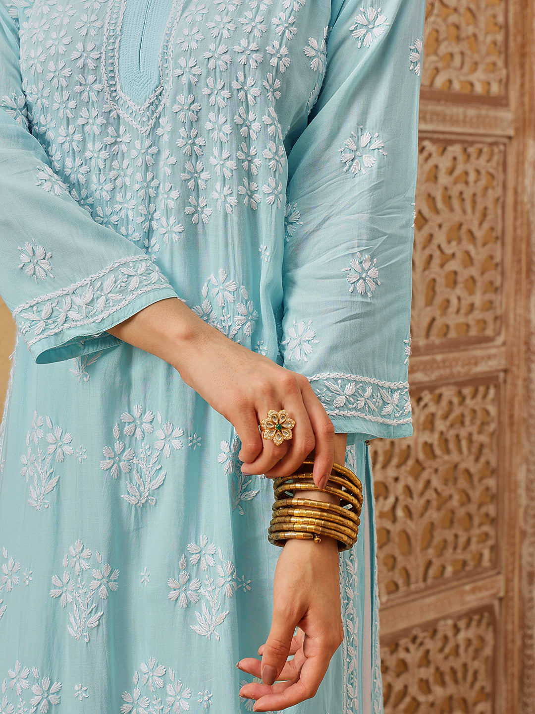 Hand Embroidered Lucknowi Chikankari Blue & White Modal Kurta