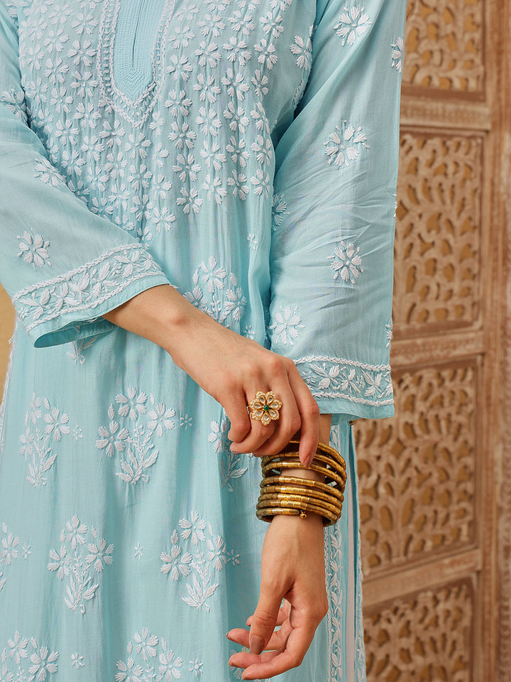 Hand Embroidered Lucknowi Chikankari Blue & White Modal Kurta