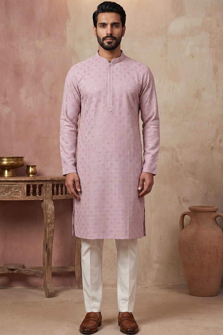 Mens Purple Viscose Rayon Solid Embroidered Straight Kurta with Trouser