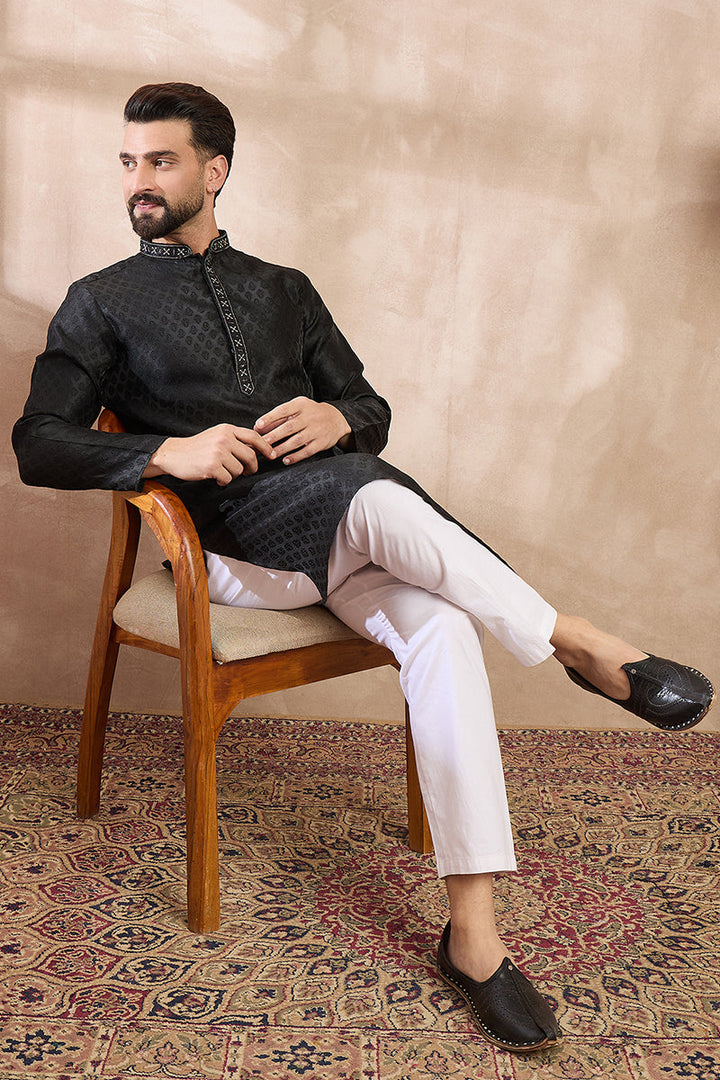 Mens Black Silk Blend Solid Woven Design Straight Kurta