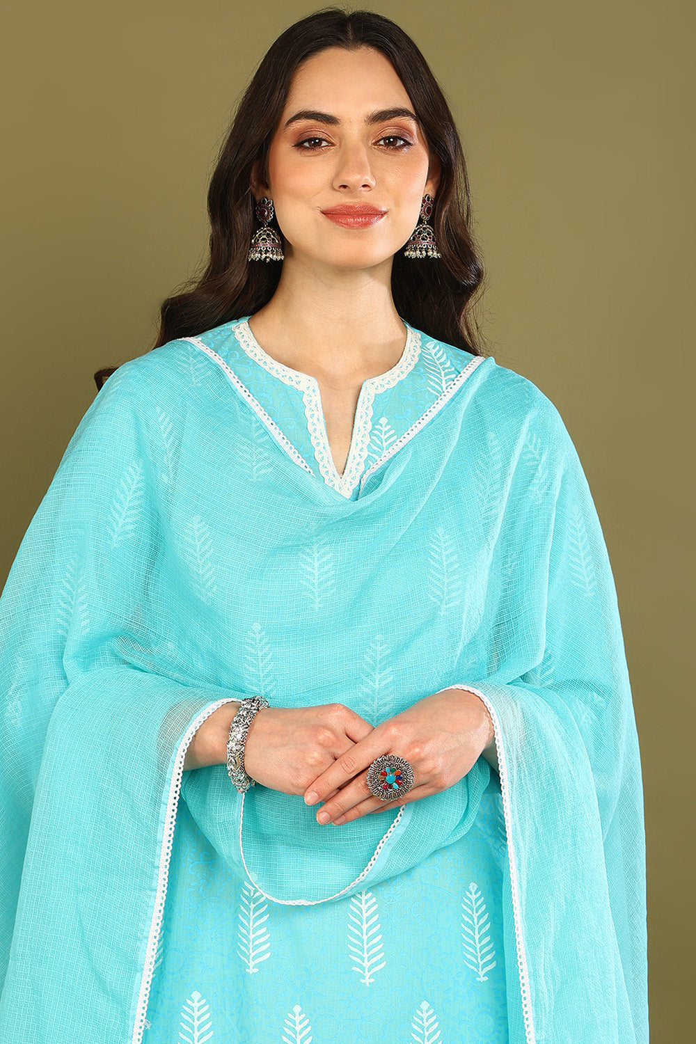 Blue-Kota-Doria-Plain-Laced-Dupatta