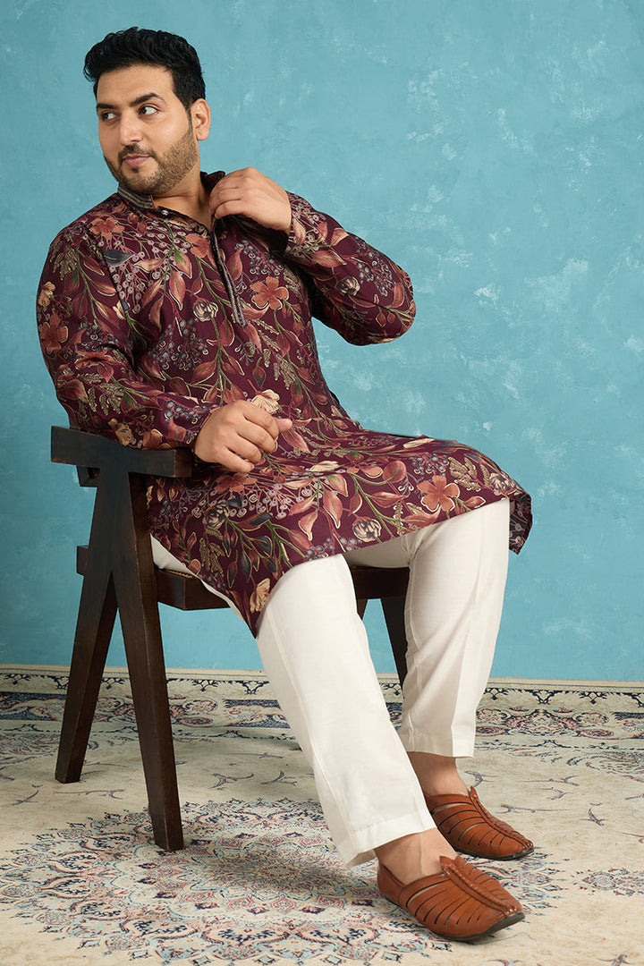 Mens Purple Silk Blend Floral Printed Kurta