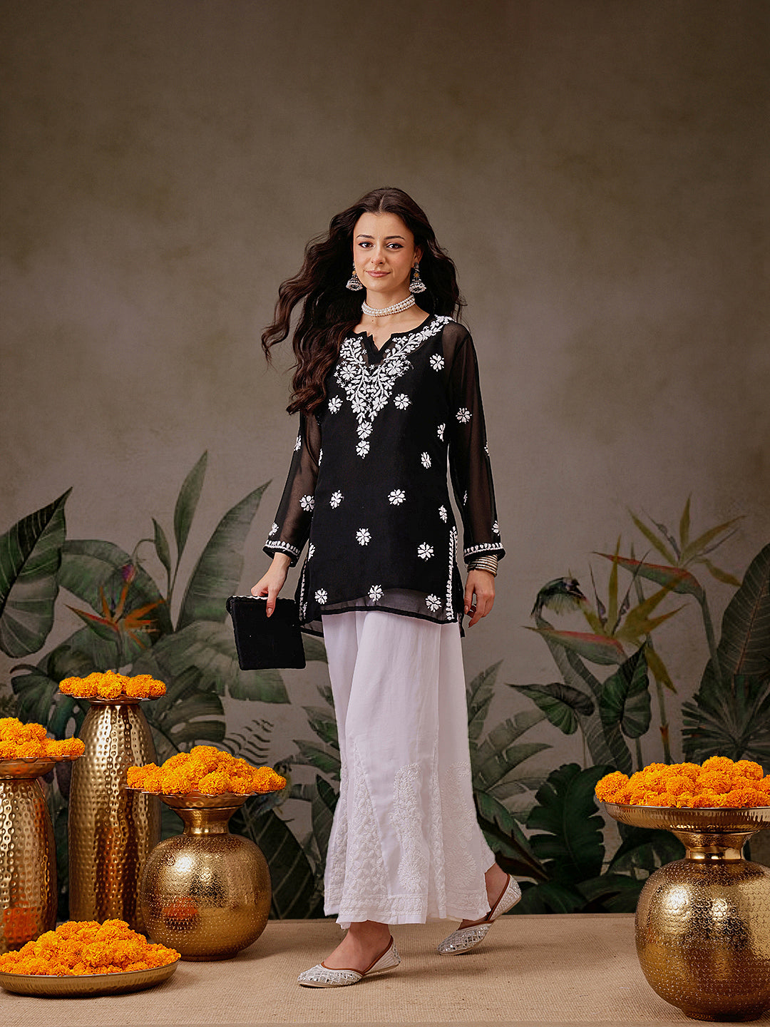 Black Georgette Ghaspatti Chikan Tunic Kurti & Slip