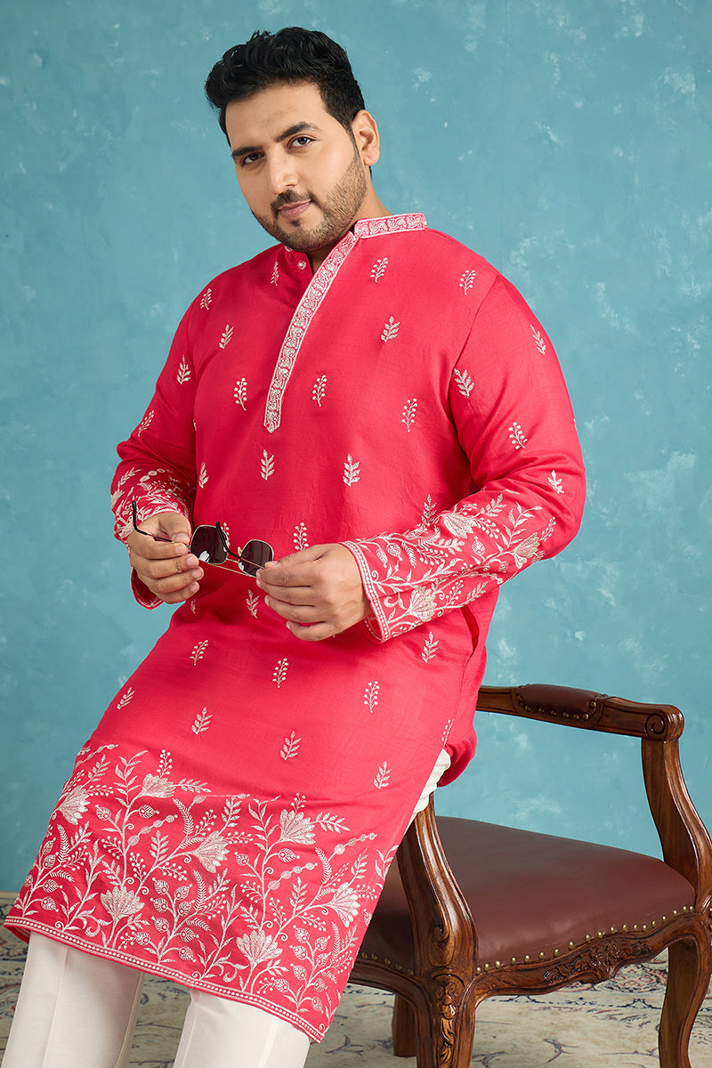 Mens Pink Silk Blend Solid Thread Work Embroidered Kurta