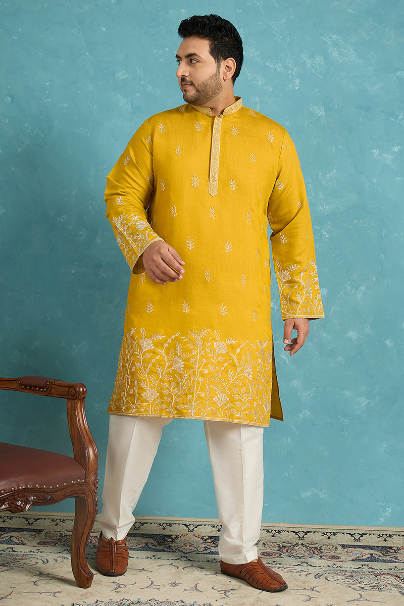 Mens Yellow Silk Blend Solid Thread Work Embroidered Kurta