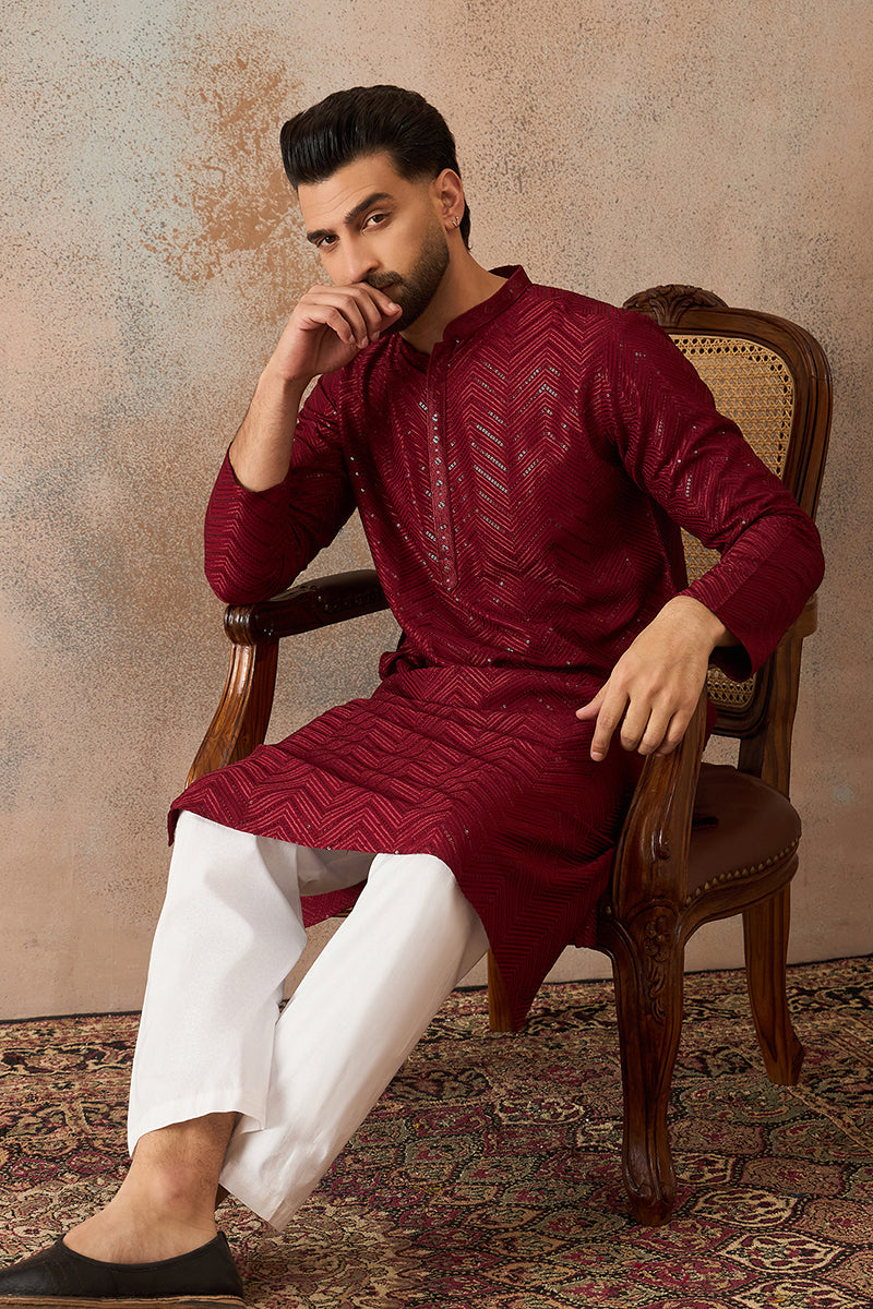 Mens Maroon Rayon Embroidered Straight Kurta