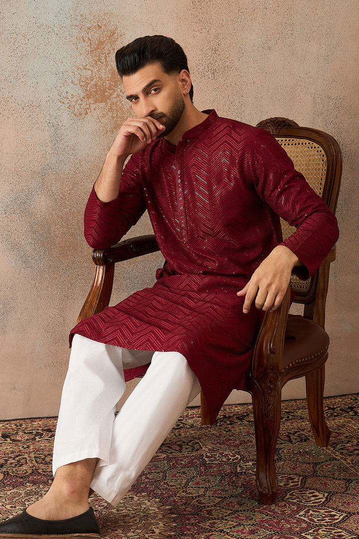 Mens Maroon Rayon Embroidered Straight Kurta