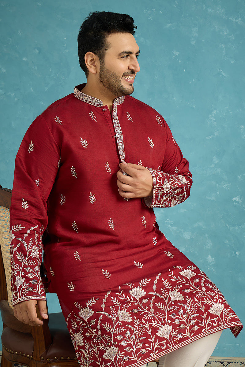 Mens Maroon Silk Blend Solid Thread Work Embroidered Kurta